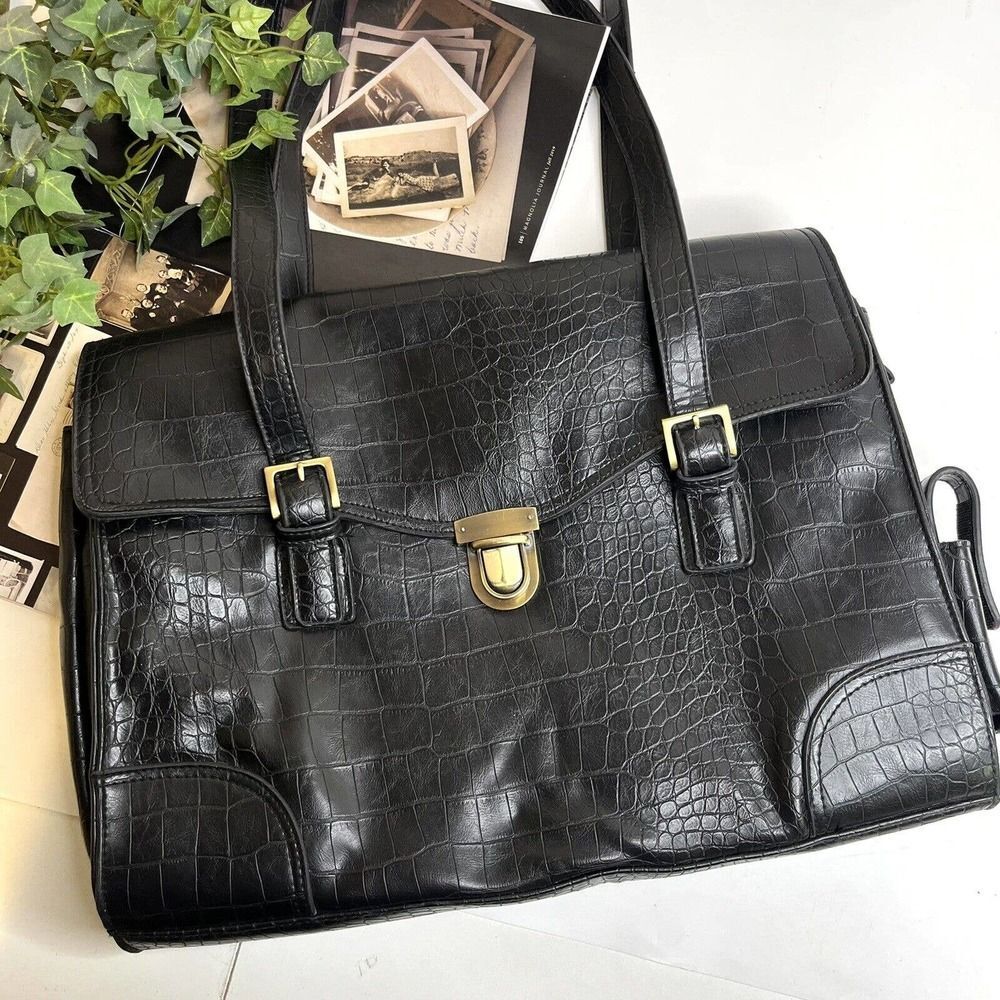 Worthington Vintage Black Faux Alligator Briefcase Computer Work Shoulder Bag